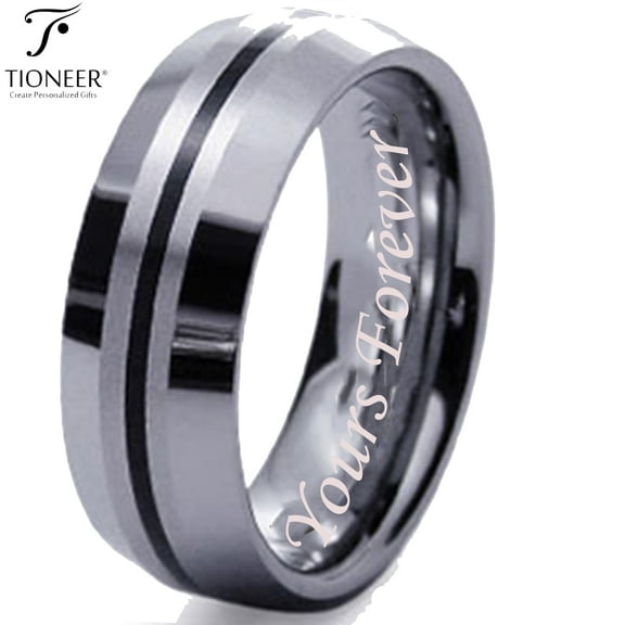 Tioneer Tungsten Carbide Contemporary Black Strip Inlay Dome Wedding Band Ring Yours Forever Engraved 8mm