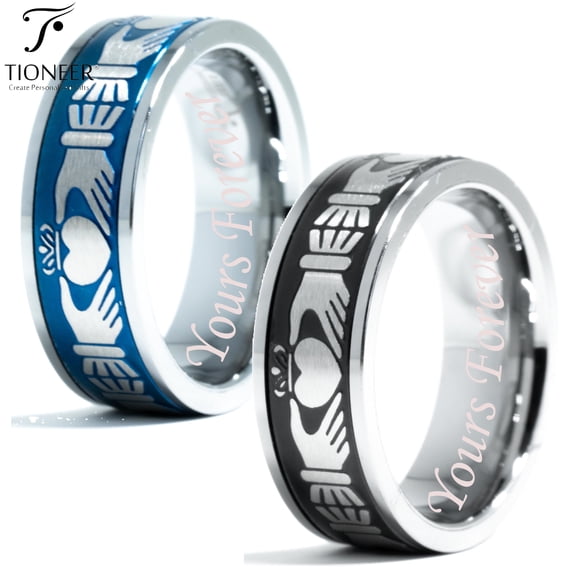 Tioneer Tungsten Carbide Diamond Wedding Band Ring Irish Claddagh Celtic Knot Mens Womens 8MM Yours Forever Engraved