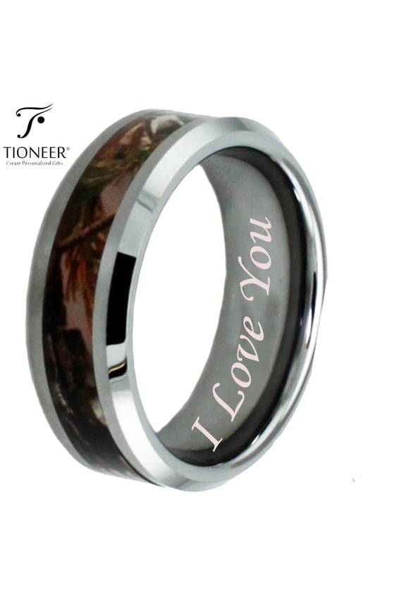Tungsten Carbide Forest Hunting Camouflage CZ Inlay Ring I Love You Engraved