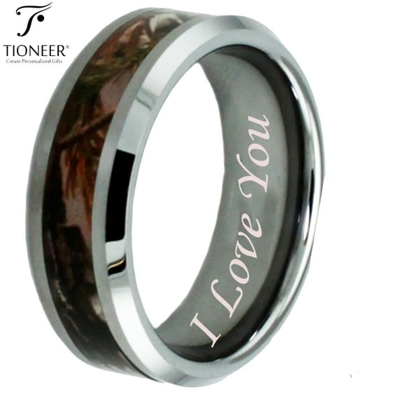 Tioneer Tungsten Carbide Forest Hunting Camouflage Inlay Ring Diamond I Love You Engraved