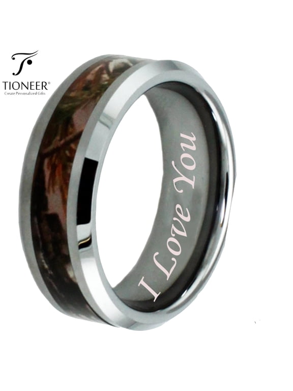 Tungsten Carbide Forest Hunting Camouflage Inlay Ring I Love You Engraved