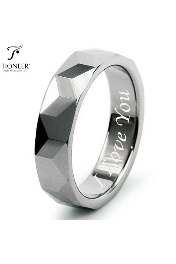 Tungsten Carbide High Polished Faceted Design Wedding Band Ring Mens Womens 5.5MM w/ FREE I Love You Engraved