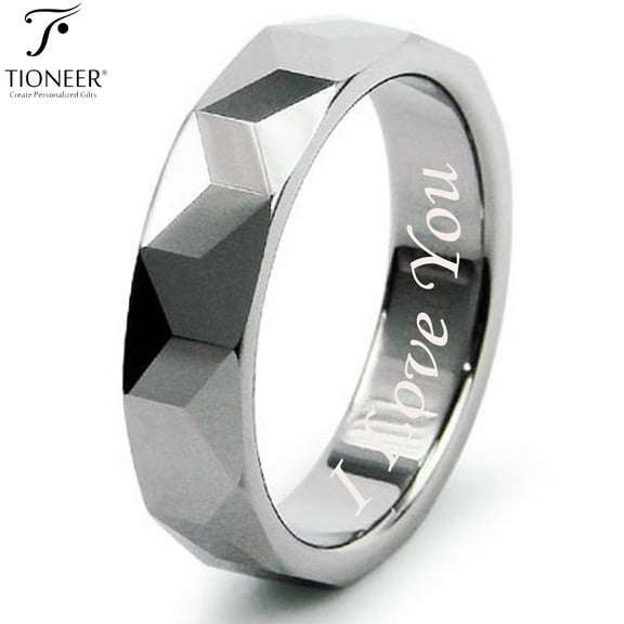 Tioneer Tungsten Carbide High Polished Faceted Design Wedding Band Ring Mens Womens 5.5MM w/ FREE I Love You Engraved