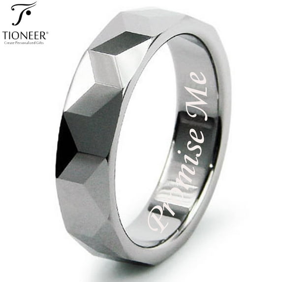 Tioneer Tungsten Carbide High Polished Faceted Design Wedding Band Ring Mens Womens 5.5MM w/ FREE Promise Me Engraved