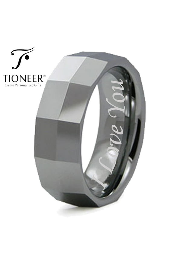 Tungsten Carbide High Polished Faceted Design Wedding Band Ring Mens Womens 8mm I Love You Engraved