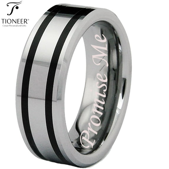 Tioneer Tungsten Carbide Polished Dual Black Resin Strip Inlay Wedding Ring Band Promise Me Engraved 8MM