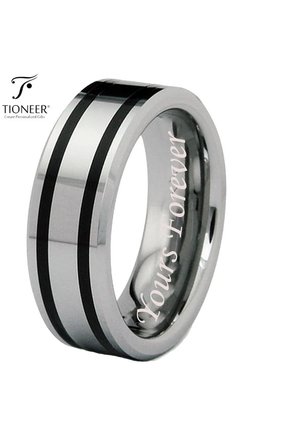 Tungsten Carbide Polished Dual Black Resin Strip Inlay Wedding Ring Band Yours Forever Engraved 8mm