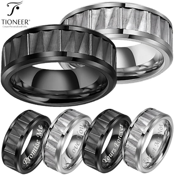 Tioneer Tungsten Carbide Silver Black Faceted Center Design CZ Wedding Band Ring Men Women 8mm
