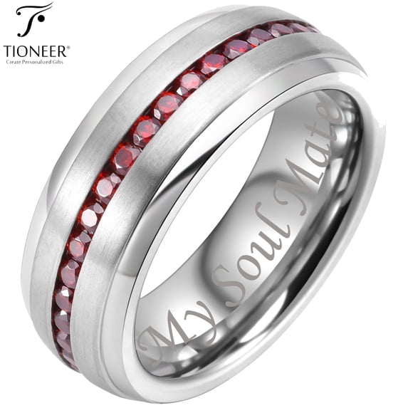 Tioneer Tungsten Carbide Silver Wedding Band w/ Blue or Red Cubic Zirconia Eternity Style w/ Step Edges 8mm Ring