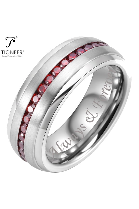 Tungsten Carbide Silver Wedding Band w/ Blue or Red Cubic Zirconia Eternity Style w/ Step Edges 8mm Ring