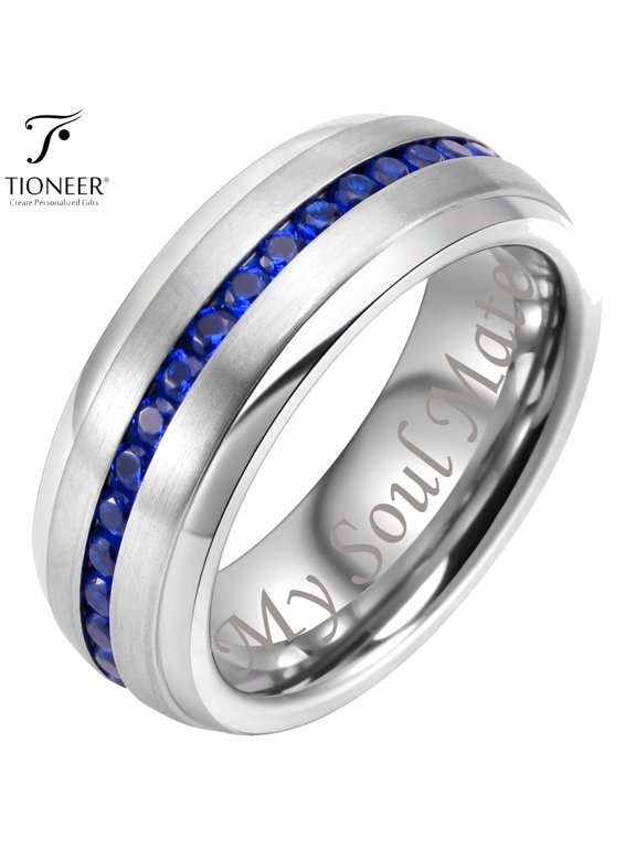 Tungsten Carbide Silver Wedding Band w/ Blue or Red Cubic Zirconia Eternity Style w/ Step Edges 8mm Ring