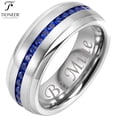 thumbnail image 1 of Tioneer Tungsten Carbide Silver Wedding Band w/ Blue or Red Cubic Zirconia Eternity Style w/ Step Edges 8mm Ring, 1 of 5
