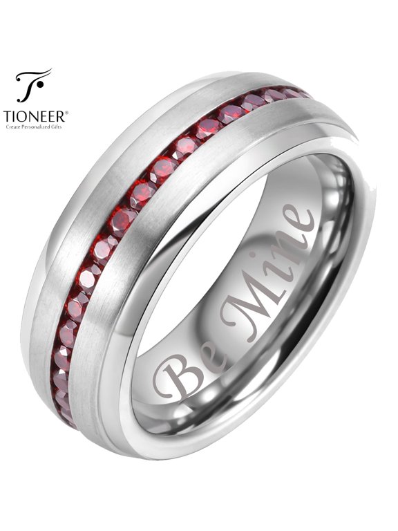 Tungsten Carbide Silver Wedding Band w/ Blue or Red Cubic Zirconia Eternity Style w/ Step Edges 8mm Ring