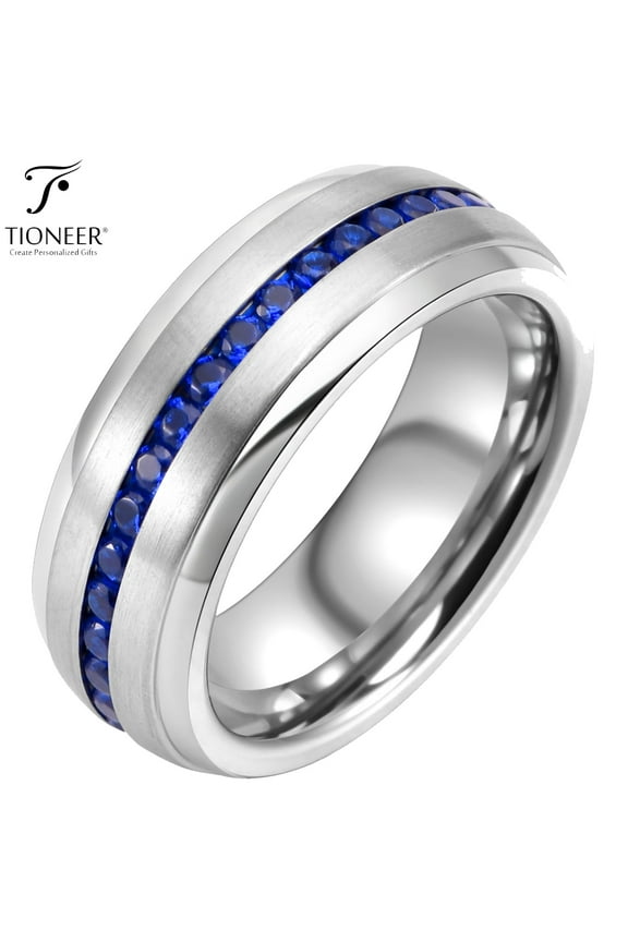 Tungsten Carbide Silver Wedding Band w/ Blue or Red Cubic Zirconia Eternity Style w/ Step Edges Tioneer 8mm Ring