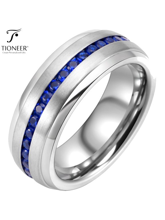 Tungsten Carbide Silver Wedding Band w/ Blue or Red Cubic Zirconia Eternity Style w/ Step Edges Tioneer 8mm Ring