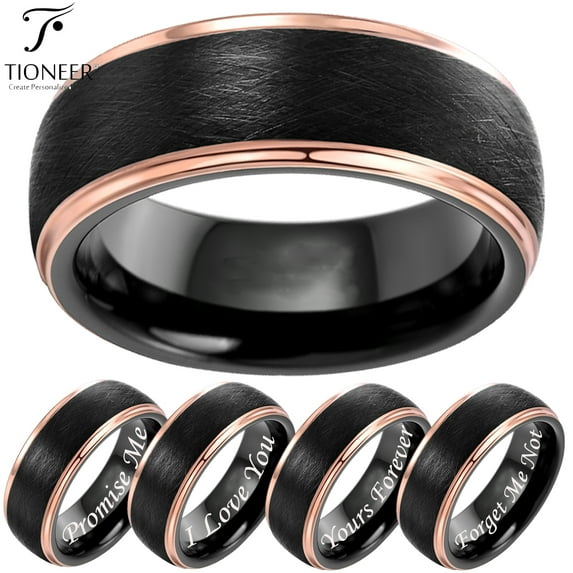 Tioneer Tungsten Carbide Two-Tone Black Weaved Thread Scratched w/ Rose Gold Trims Wedding Band Ring Mens Womens 8MM w/ FREE Engraving