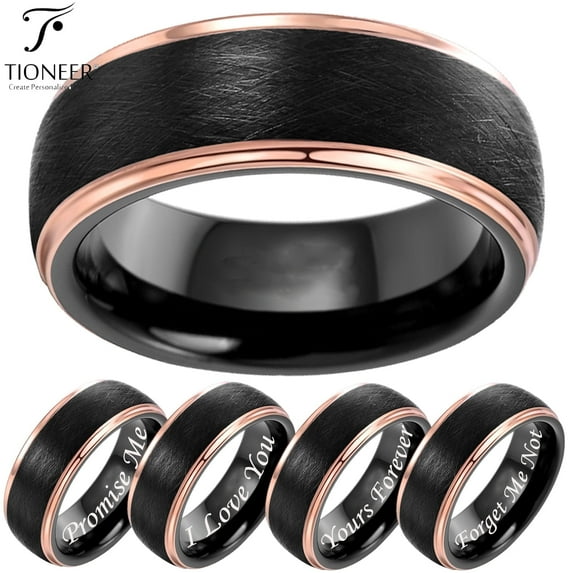 Tioneer Tungsten Carbide Two-Tone Black Weaved Thread Scratched w/ Rose Gold Trims Wedding Band Ring Mens Womens 8mm w/ Free Engraving