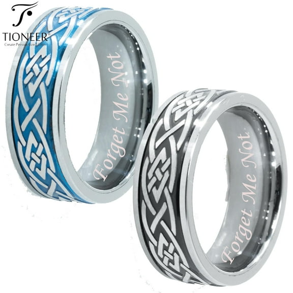 Tioneer Tungsten Carbide Wedding Band Ring Celtic Design Black / Blue Mens Womens 8mm Forget Me Not Engraved