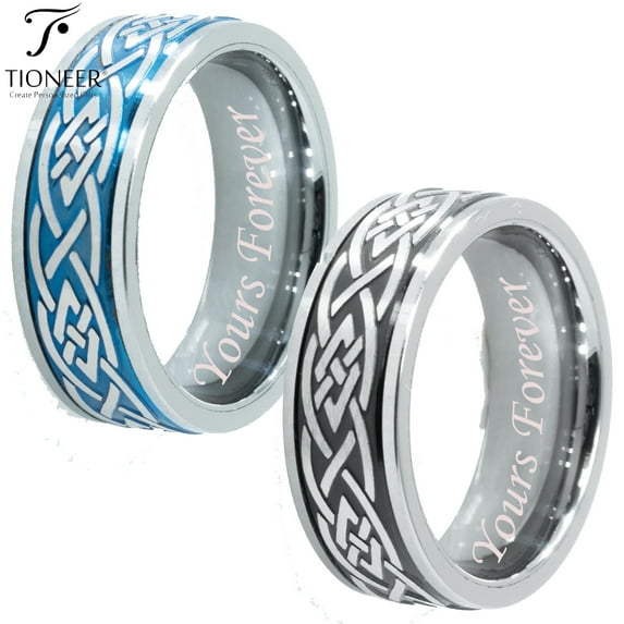 Tioneer Tungsten Carbide Wedding Band Ring Celtic Design Black / Blue Mens Womens 8MM Yours Forever Engraved
