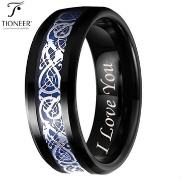 Tioneer Tungsten Carbide Wedding Band Ring Celtic Dragon Blue Carbon Fiber Inlay 8MM CZ I Love You Engraved