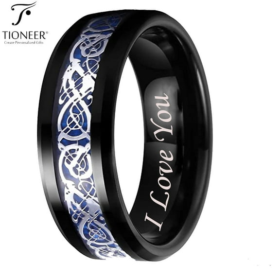 Tioneer Tungsten Carbide Wedding Band Ring Celtic Dragon Blue Carbon Fiber Inlay 8mm I Love You Engraved