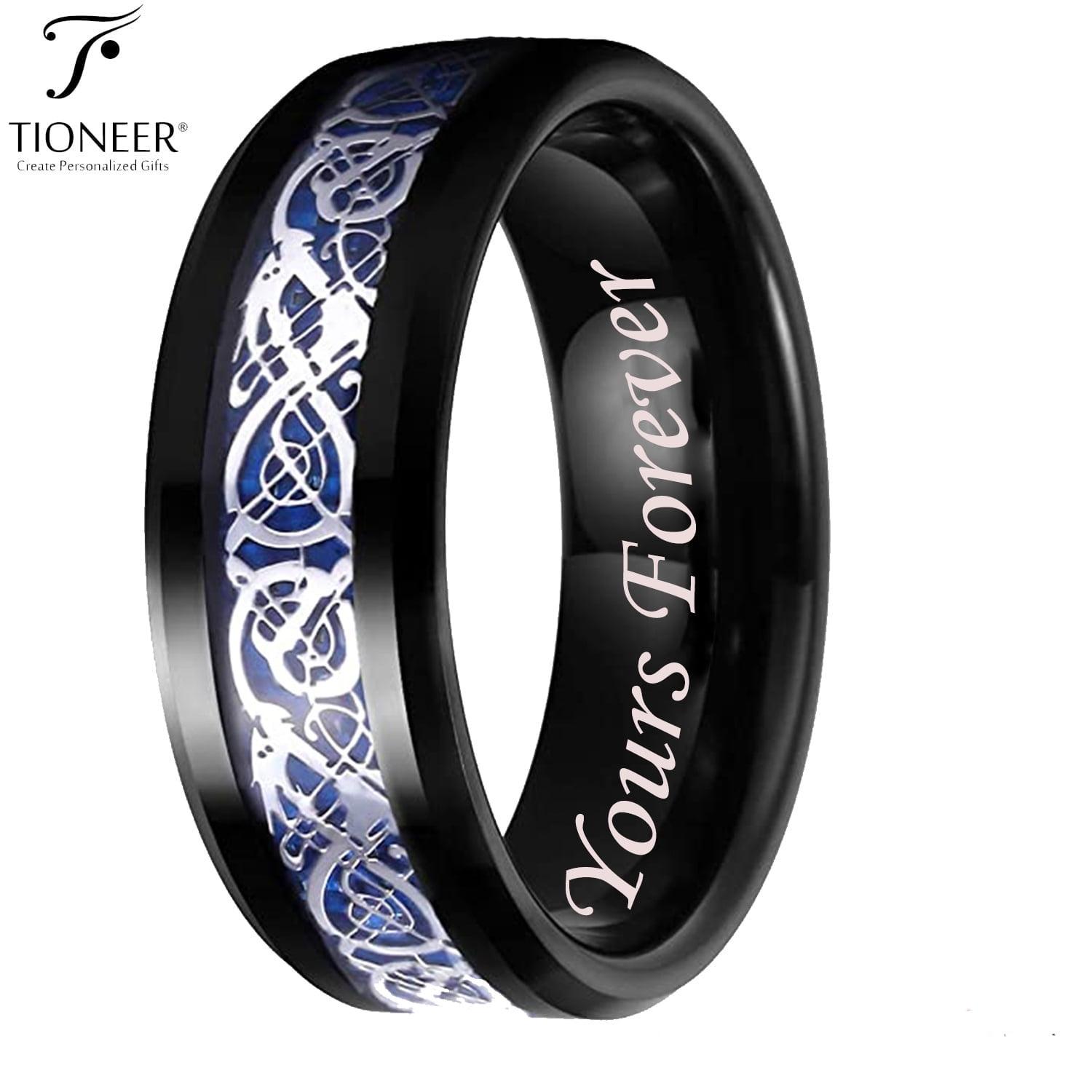 Tioneer Tungsten Carbide Wedding Band Ring Celtic Dragon Blue Carbon Fiber Inlay 8mm Yours ...