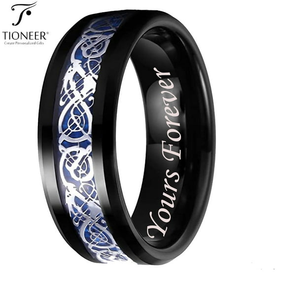 Tioneer Tungsten Carbide Wedding Band Ring Celtic Dragon Blue Carbon Fiber Inlay 8MM Yours Forever Engraved