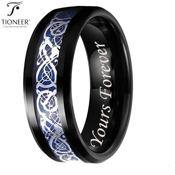 Tioneer Tungsten Carbide Wedding Band Ring Celtic Dragon Blue Carbon Fiber Inlay 8mm Yours Forever Engraved