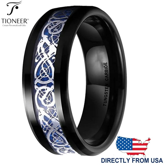 Tioneer Tungsten Carbide Wedding Band Ring Celtic Dragon w/ Blue Carbon Fiber Inlay 8MM