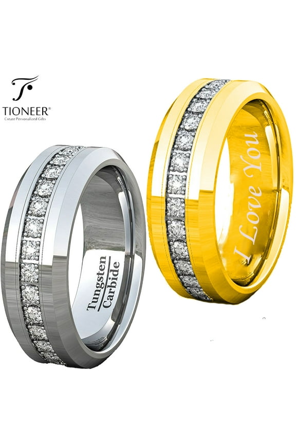 Tungsten Carbide Wedding Band Ring Eternity Style Cubic Zirconia Mens Womens 8MM I Love You Engraved