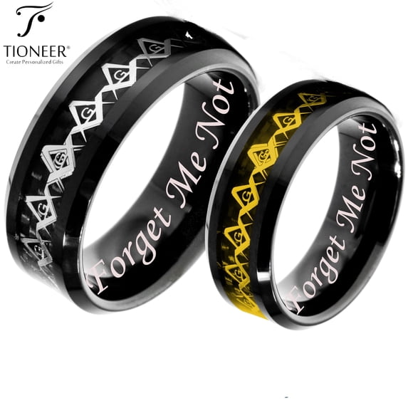 Tioneer Tungsten Carbide Wedding Band Ring Silver / Gold Freemason Masonic Inlay Forget Me Not Engraved 8mm