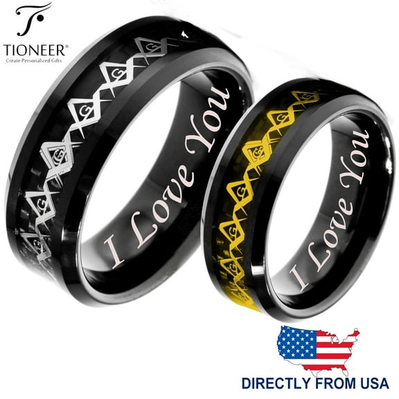 Tioneer Tungsten Carbide Wedding Band Ring Silver / Gold Freemason Masonic Inlay I Love You Engraved 8mm