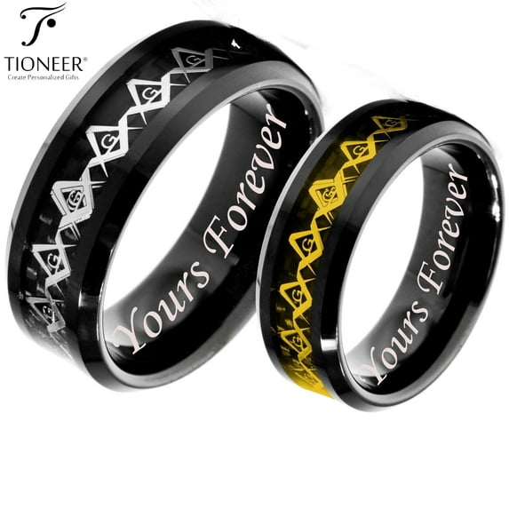 Tioneer Tungsten Carbide Wedding Band Ring Silver / Gold Freemason Masonic Inlay Yours Forever Engraved 8mm
