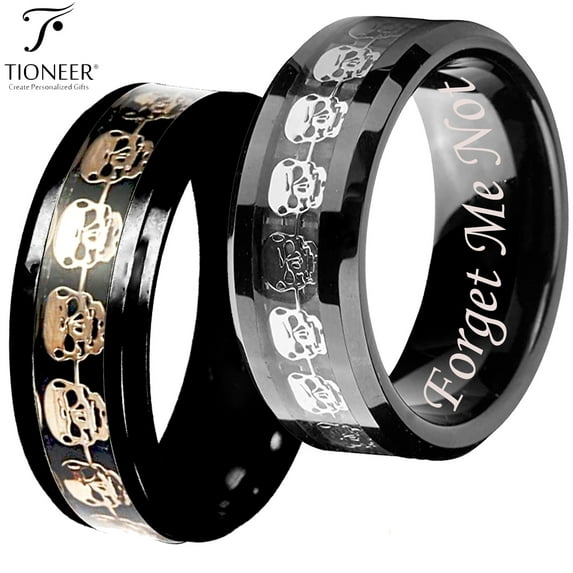 Tioneer Tungsten Carbide Wedding Band Ring Silver / Gold Skull Skeleton Inlay Comfort Fit Forget Me Not Engraved 8MM