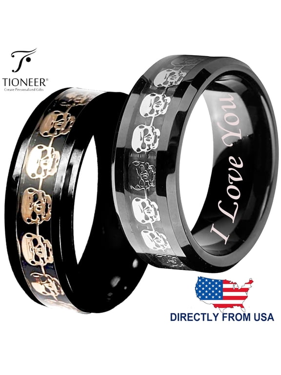 Tungsten Carbide Wedding Band Ring Silver / Gold Skull Skeleton Inlay Comfort Fit I Love You Engraved 8mm