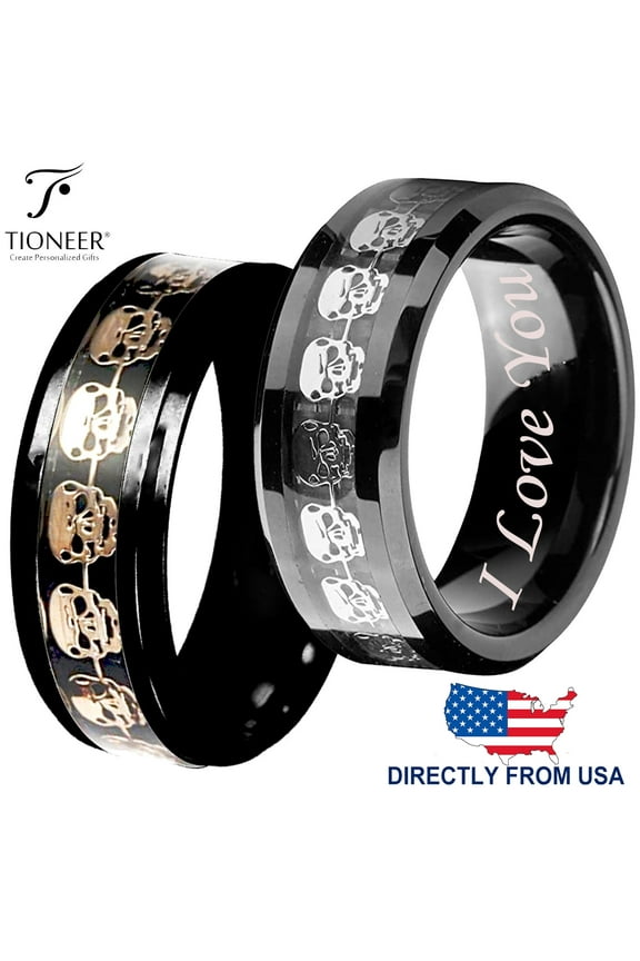 Tungsten Carbide Wedding Band Ring Silver / Gold Skull Skeleton Inlay Comfort Fit I Love You Engraved 8mm