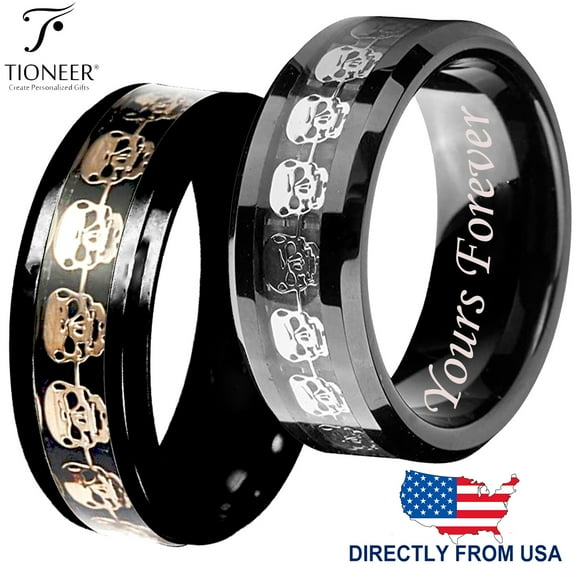 Tioneer Tungsten Carbide Wedding Band Ring Silver / Gold Skull Skeleton Inlay Comfort Fit Yours Forever Engraved 8MM