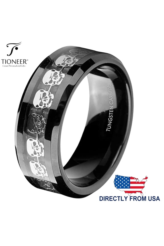 Tungsten Carbide Wedding Band Ring Silver Skull Skeleton Diamond Inlay Comfort Fit Mens 8mm