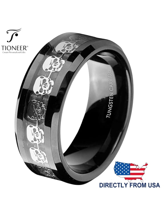 Tungsten Carbide Wedding Band Ring Silver Skull Skeleton Inlay Comfort Fit Mens 8mm