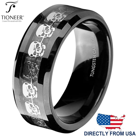 Tioneer Tungsten Carbide Wedding Band Ring Silver Skull Skeleton Inlay Diamond Comfort Fit Men 8mm
