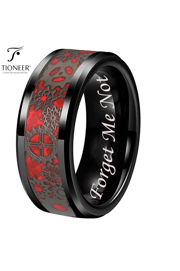 Tungsten Carbide Wedding Band Ring Steampunk Gears Red Carbon Fiber Inlay 8MM Forget Me Not Engraved
