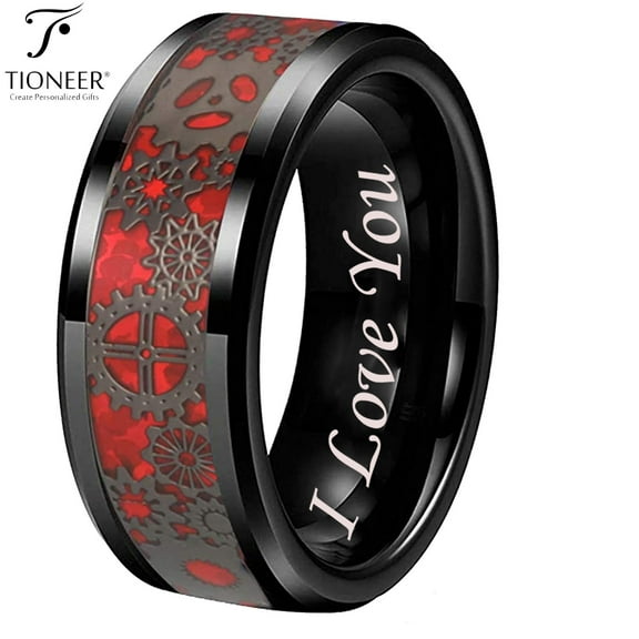 Tioneer Tungsten Carbide Wedding Band Ring Steampunk Gears Red Carbon Fiber Inlay 8mm I Love You Engraved