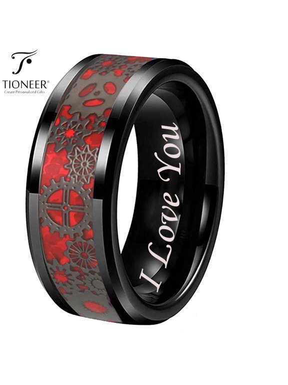 Tungsten Carbide Wedding Band Ring Steampunk Gears Red Carbon Fiber Inlay 8mm I Love You Engraved