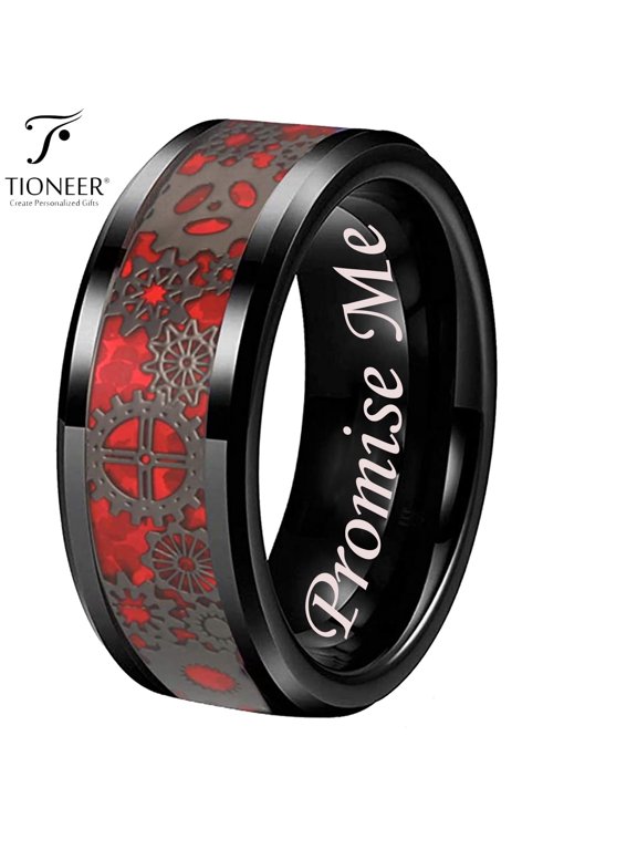 Tungsten Carbide Wedding Band Ring Steampunk Gears Red Carbon Fiber Inlay 8mm Promise Me Engraved