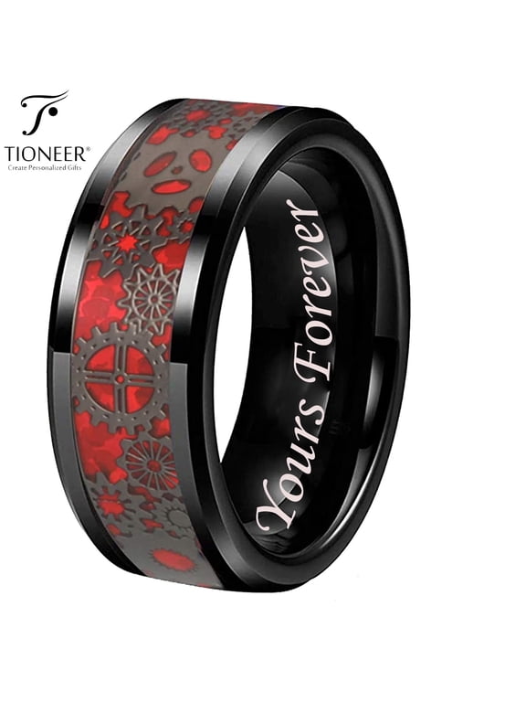 Tungsten Carbide Wedding Band Ring Steampunk Gears Red Carbon Fiber Inlay 8mm Yours Forever Engraved