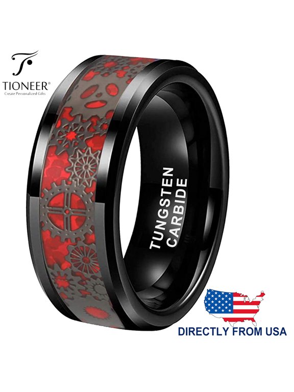 Tungsten Carbide Wedding Band Ring Steampunk Gears w/ Red CZ Carbon Fiber Inlay 8MM