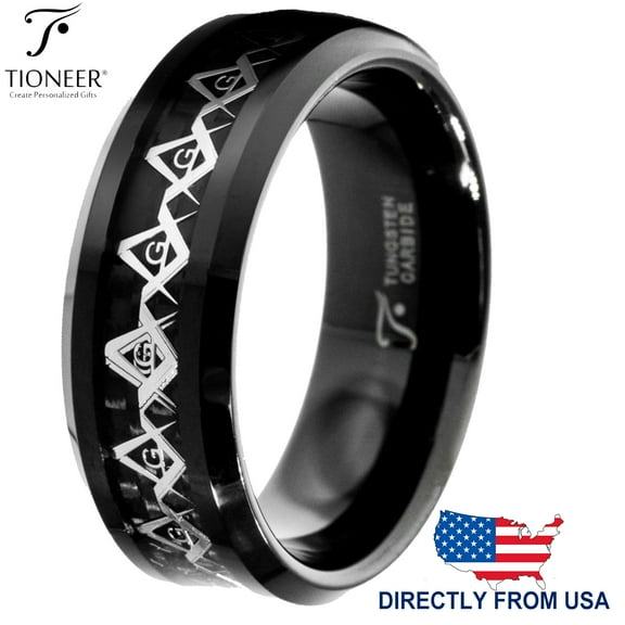 Tioneer Tungsten Carbide Wedding Band Ring with Freemason Masonic Inlay Men Women 8MM