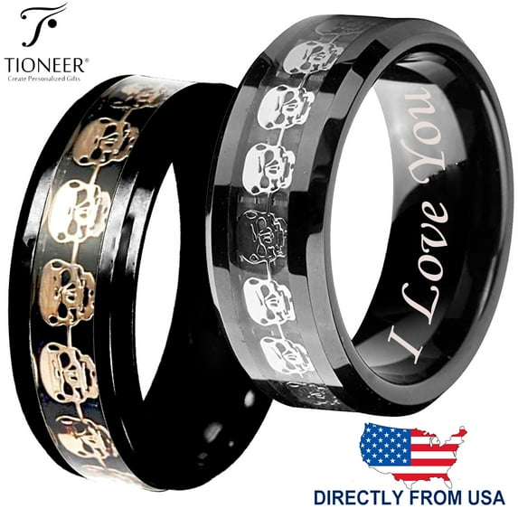 Tioneer Tungsten Carbide Wedding Band - Silver/Gold Skull Inlay, Comfort Fit, 8MM - I Love You