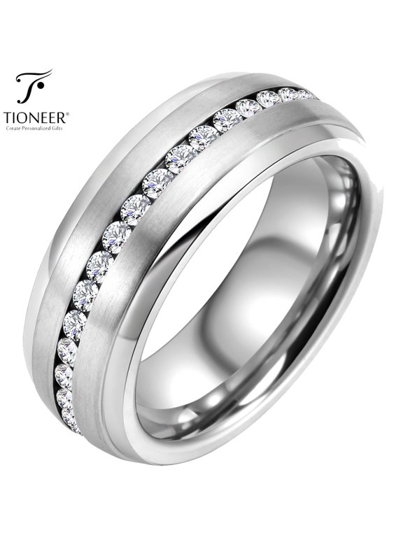 Tungsten Carbide Wedding Band w/ White Cubic Zirconia Eternity Style w/ Step Edges in Silver or Black 8mm Ring