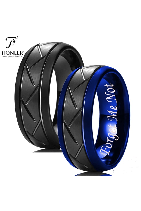 Tungsten Carbide Zigzag Groove Tire Tread Design Comfort Fit Wedding Band Ring Forget Me Not Engraved 8mm